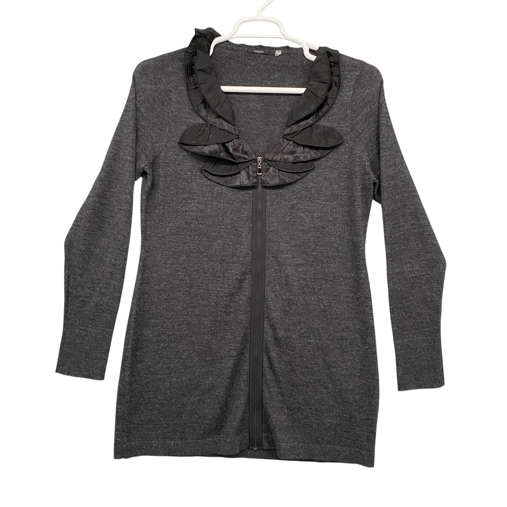 Tahari Gray Knit Cardigan Dress Ruffle Neck Zip Front‎ Long Sleeve Womens L